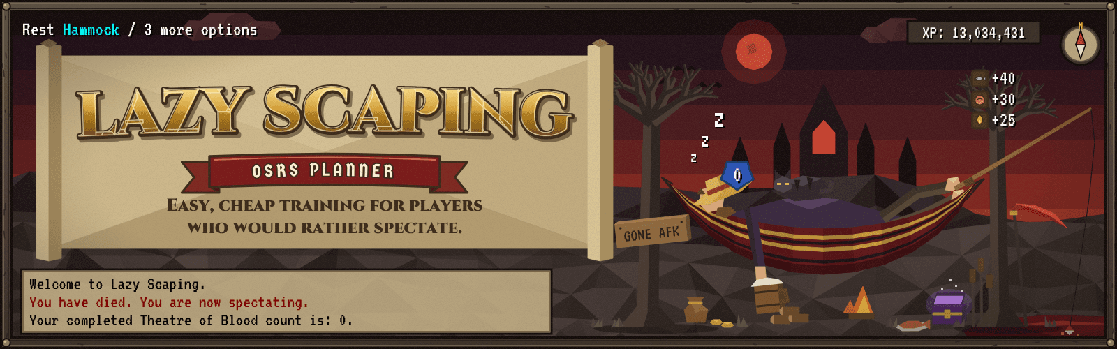 Lazy Scaping, OSRS Planner: an adventurer napping in a hammock outside a blood-red theatre while spectating a raid